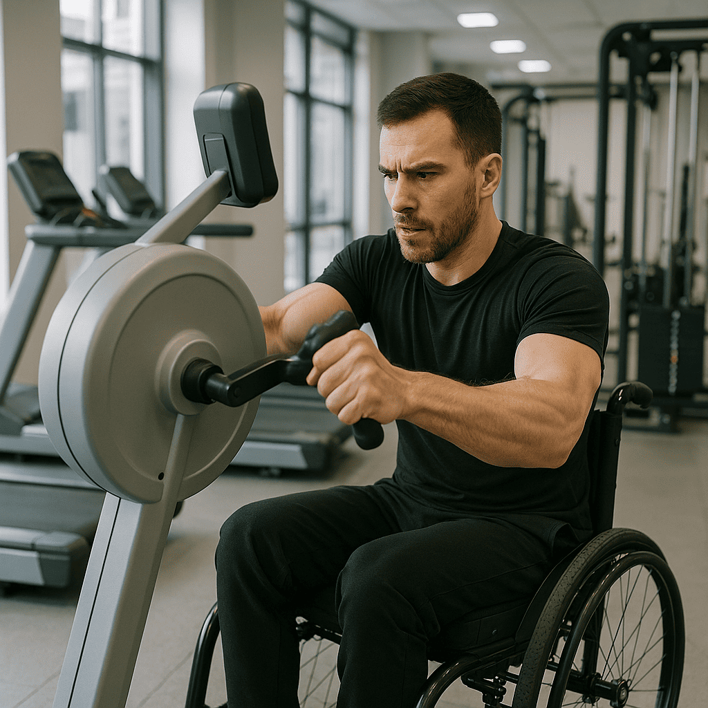 Profesionalūs treniruokliai turi specialius diržus ar kablius, kurie užfiksuoja vežimėlį