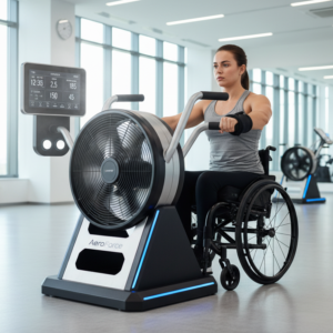 Moteris treniruojasi su viršutinės kūno dalies kardio įranga